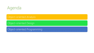 Agenda
Object-oriented Analysis
Object-oriented Design
Object-oriented Programming
 