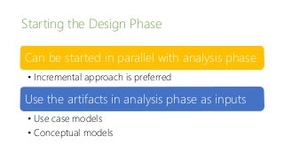 Starting the Design Phase
Can be started in parallel with analysis phase
• Incremental approach is preferred
Use the artifacts in analysis phase as inputs
• Use case models
• Conceptual models
 