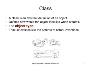 Class A class is an abstract definition of an object. Defines how would the object look like when created. The  object type . Think of classes like the patents of actual inventions. 