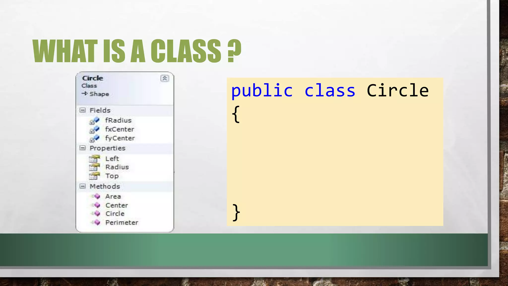 WHAT IS A CLASS ?
public class Circle
{
}