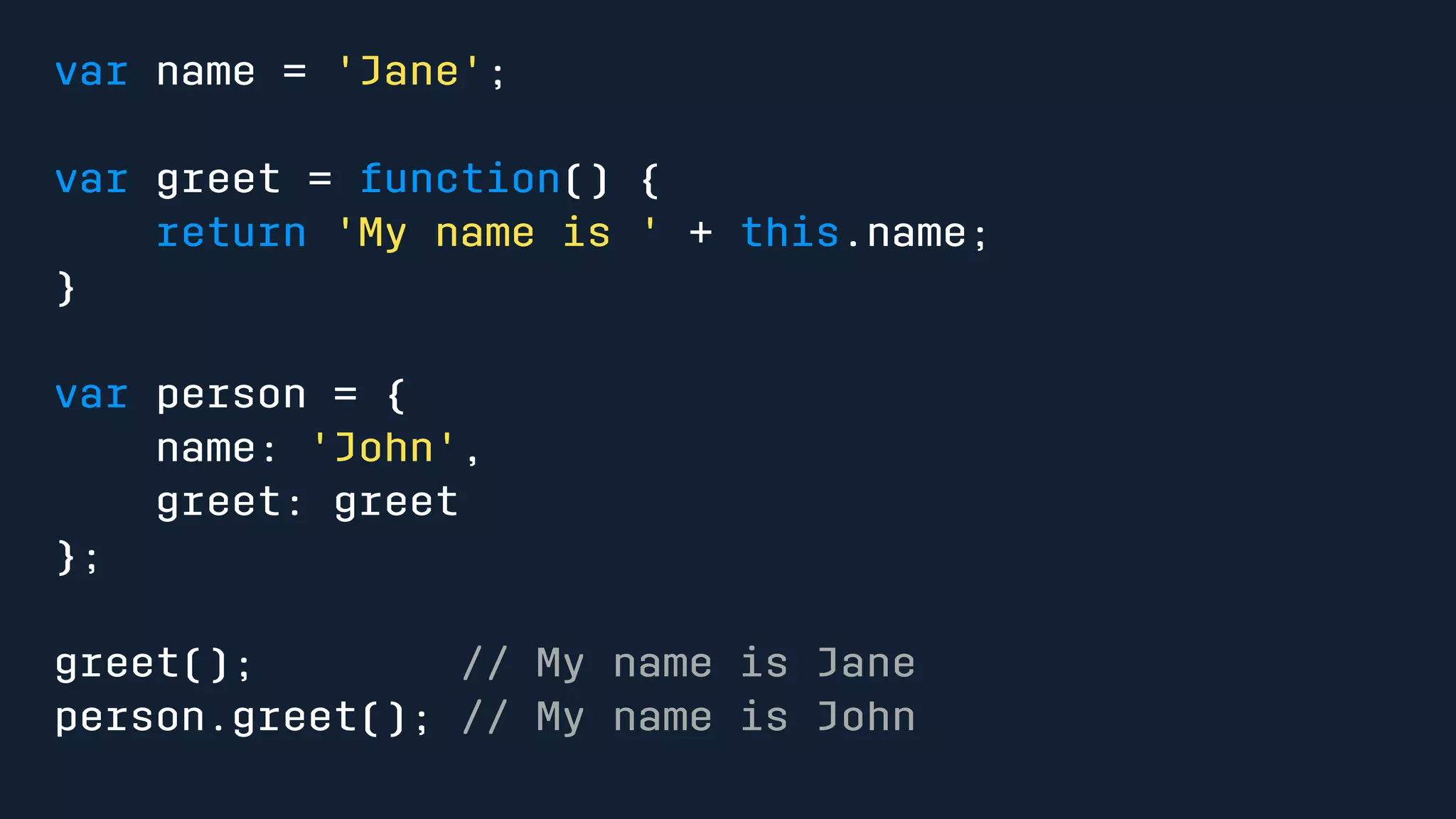 var name = 'Jane'; 
var greet = function() { 
return 'My name is ' + this.name; 
} 
var person = { 
name: 'John', 
greet: greet 
}; 
greet(); // My name is Jane 
person.greet(); // My name is John 
 
