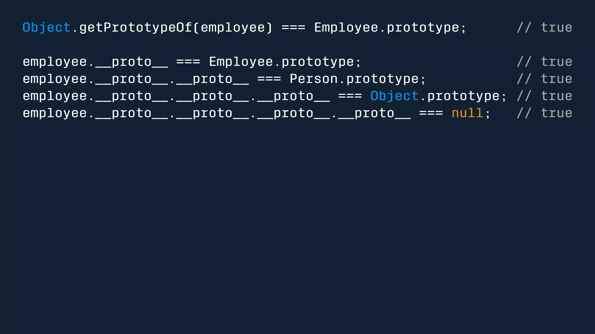 Object.getPrototypeOf(employee) === Employee.prototype; // true 
employee.__proto__ === Employee.prototype; // true 
employee.__proto__.__proto__ === Person.prototype; // true 
employee.__proto__.__proto__.__proto__ === Object.prototype; // true 
employee.__proto__.__proto__.__proto__.__proto__ === null; // true 
 