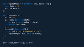 var requestAsync = function(url, callback) { 
var data = 10; 
callback(data); 
}; 
var requestor = { 
value: 20, 
process: function(data) { 
var sum = this.value + data; 
console.log(sum); 
}, 
request: function() { 
var url = 'http://example.com'; 
requestAsync(url, this.process); 
} 
}; 
requestor.request(); // NaN 
 