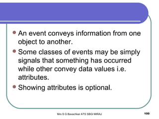 Mrs S G Bavachkar ATS SBGI MIRAJ 100
An event conveys information from one
object to another.
Some classes of events may be simply
signals that something has occurred
while other convey data values i.e.
attributes.
Showing attributes is optional.
 