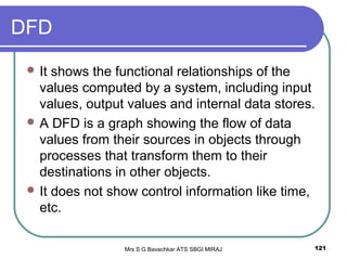 Mrs S G Bavachkar ATS SBGI MIRAJ 121
DFD
 It shows the functional relationships of the
values computed by a system, including input
values, output values and internal data stores.
 A DFD is a graph showing the flow of data
values from their sources in objects through
processes that transform them to their
destinations in other objects.
 It does not show control information like time,
etc.
 