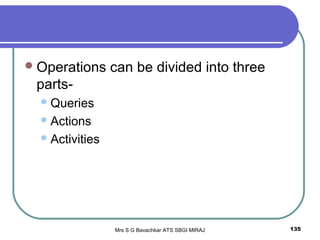 Mrs S G Bavachkar ATS SBGI MIRAJ 135
Operations can be divided into three
parts-
Queries
Actions
Activities
 