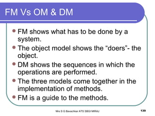 Mrs S G Bavachkar ATS SBGI MIRAJ 139
FM Vs OM & DM
FM shows what has to be done by a
system.
The object model shows the “doers”- the
object.
DM shows the sequences in which the
operations are performed.
The three models come together in the
implementation of methods.
FM is a guide to the methods.
 