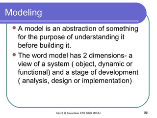 Mrs S G Bavachkar ATS SBGI MIRAJ 22
Modeling
A model is an abstraction of something
for the purpose of understanding it
before building it.
The word model has 2 dimensions- a
view of a system ( object, dynamic or
functional) and a stage of development
( analysis, design or implementation)
 
