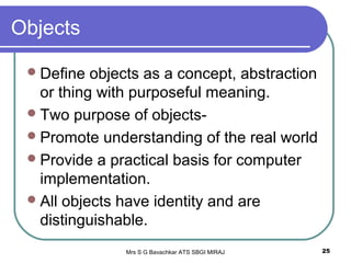 Mrs S G Bavachkar ATS SBGI MIRAJ 25
Objects
Define objects as a concept, abstraction
or thing with purposeful meaning.
Two purpose of objects-
Promote understanding of the real world
Provide a practical basis for computer
implementation.
All objects have identity and are
distinguishable.
 