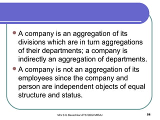 Mrs S G Bavachkar ATS SBGI MIRAJ 58
A company is an aggregation of its
divisions which are in turn aggregations
of their departments; a company is
indirectly an aggregation of departments.
A company is not an aggregation of its
employees since the company and
person are independent objects of equal
structure and status.
 