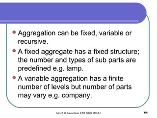 Mrs S G Bavachkar ATS SBGI MIRAJ 64
Aggregation can be fixed, variable or
recursive.
A fixed aggregate has a fixed structure;
the number and types of sub parts are
predefined e.g. lamp.
A variable aggregation has a finite
number of levels but number of parts
may vary e.g. company.
 