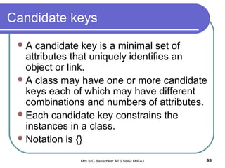 Mrs S G Bavachkar ATS SBGI MIRAJ 85
Candidate keys
A candidate key is a minimal set of
attributes that uniquely identifies an
object or link.
A class may have one or more candidate
keys each of which may have different
combinations and numbers of attributes.
Each candidate key constrains the
instances in a class.
Notation is {}
 