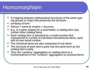 Mrs S G Bavachkar ATS SBGI MIRAJ 90
Homomorphism
 A mapping between mathematical structures of the same type
(eg groups or rings) that preserves the structure.
 similarity of form
 Homos = same & morphe = structure
 E.g. in a parts catalog for a automobile, a catalog item may
contain other catalog items.
 Each catalog item is specified by a model number that
corresponds to number of individual manufactured items, each
with its own serial number.
 The individual items are also composed of sub items.
 The structure of each item’s parts has the same form as the
catalog item’s parts.
 Thus the “contains” aggregation on catalog items is a
homomorphism of the “contains” aggregation on physical items.
 