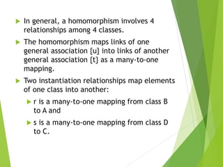  In general, a homomorphism involves 4
relationships among 4 classes.
 The homomorphism maps links of one
general association {u} into links of another
general association {t} as a many-to-one
mapping.
 Two instantiation relationships map elements
of one class into another:
 r is a many-to-one mapping from class B
to A and
 s is a many-to-one mapping from class D
to C.
 