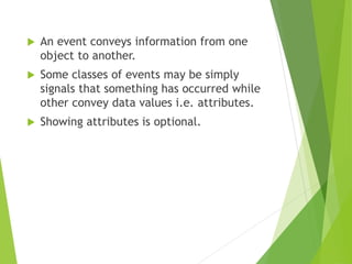  An event conveys information from one
object to another.
 Some classes of events may be simply
signals that something has occurred while
other convey data values i.e. attributes.
 Showing attributes is optional.
 