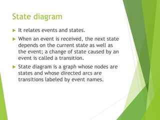 State diagram
 It relates events and states.
 When an event is received, the next state
depends on the current state as well as
the event; a change of state caused by an
event is called a transition.
 State diagram is a graph whose nodes are
states and whose directed arcs are
transitions labeled by event names.
 