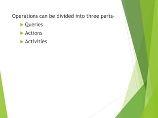 Operations can be divided into three parts-
 Queries
 Actions
 Activities
 
