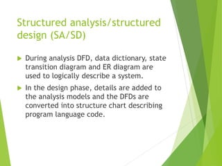 Structured analysis/structured
design (SA/SD)
 During analysis DFD, data dictionary, state
transition diagram and ER diagram are
used to logically describe a system.
 In the design phase, details are added to
the analysis models and the DFDs are
converted into structure chart describing
program language code.
 