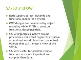SA/SD and OMT
 Both support object, dynamic and
functional model for a system.
 OMT designs are dominated by object
modeling while SA/SD stresses on
functional decomposition.
 SA/SD organizes a system around
procedures while OMT organizes a system
around real world objects or conceptual
objects that exist in user’s view of the
world.
 SA/SD is useful for problems where
functions are more important and
complex than data.
 