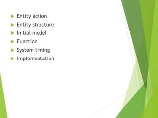  Entity action
 Entity structure
 Initial model
 Function
 System timing
 implementation
 