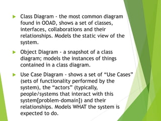  Class Diagram - the most common diagram
found in OOAD, shows a set of classes,
interfaces, collaborations and their
relationships. Models the static view of the
system.
 Object Diagram - a snapshot of a class
diagram; models the instances of things
contained in a class diagram.
 Use Case Diagram - shows a set of “Use Cases”
(sets of functionality performed by the
system), the “actors” (typically,
people/systems that interact with this
system[problem-domain]) and their
relationships. Models WHAT the system is
expected to do.
 