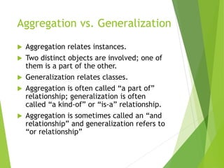 Aggregation vs. Generalization
 Aggregation relates instances.
 Two distinct objects are involved; one of
them is a part of the other.
 Generalization relates classes.
 Aggregation is often called “a part of”
relationship; generalization is often
called “a kind-of” or “is-a” relationship.
 Aggregation is sometimes called an “and
relationship” and generalization refers to
“or relationship”
 