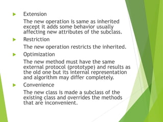  Extension
The new operation is same as inherited
except it adds some behavior usually
affecting new attributes of the subclass.
 Restriction
The new operation restricts the inherited.
 Optimization
The new method must have the same
external protocol (prototype) and results as
the old one but its internal representation
and algorithm may differ completely.
 Convenience
The new class is made a subclass of the
existing class and overrides the methods
that are inconvenient.
 