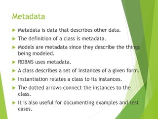 Metadata
 Metadata is data that describes other data.
 The definition of a class is metadata.
 Models are metadata since they describe the things
being modeled.
 RDBMS uses metadata.
 A class describes a set of instances of a given form.
 Instantiation relates a class to its instances.
 The dotted arrows connect the instances to the
class.
 It is also useful for documenting examples and test
cases.
 