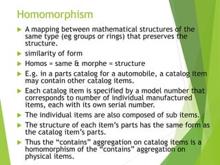 Homomorphism
 A mapping between mathematical structures of the
same type (eg groups or rings) that preserves the
structure.
 similarity of form
 Homos = same & morphe = structure
 E.g. in a parts catalog for a automobile, a catalog item
may contain other catalog items.
 Each catalog item is specified by a model number that
corresponds to number of individual manufactured
items, each with its own serial number.
 The individual items are also composed of sub items.
 The structure of each item’s parts has the same form as
the catalog item’s parts.
 Thus the “contains” aggregation on catalog items is a
homomorphism of the “contains” aggregation on
physical items.
 