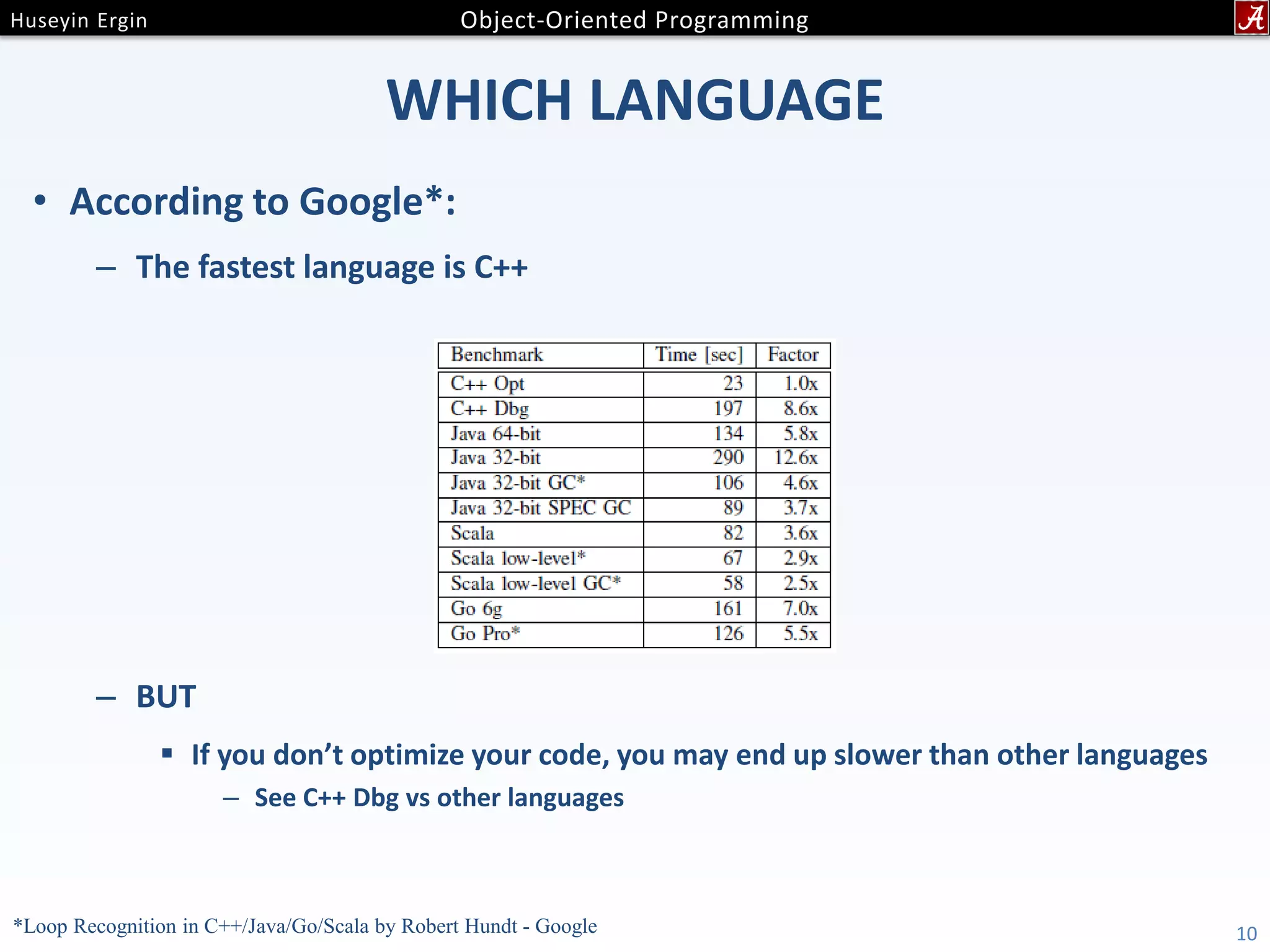 WHICH LANGUAGE • According to Google*: – The fastest language is C++ – BUT  If you don’t optimize your code, you may end up slower than other languages – See C++ Dbg vs other languages 10*Loop Recognition in C++/Java/Go/Scala by Robert Hundt - Google 