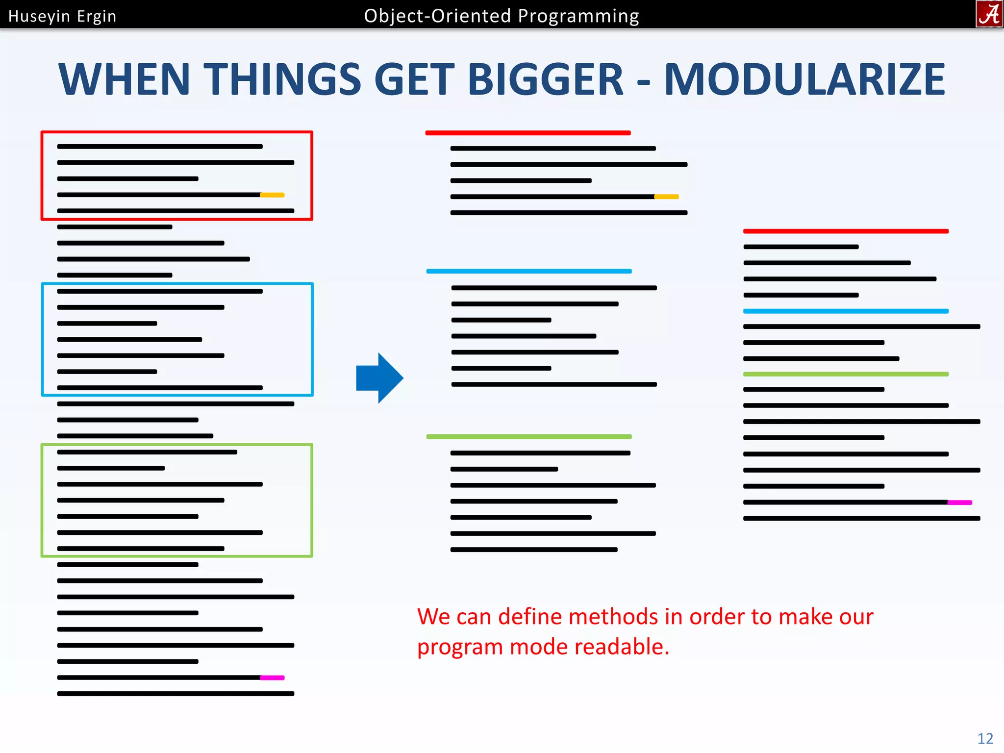 WHEN THINGS GET BIGGER - MODULARIZE 12 We can define methods in order to make our program mode readable. 