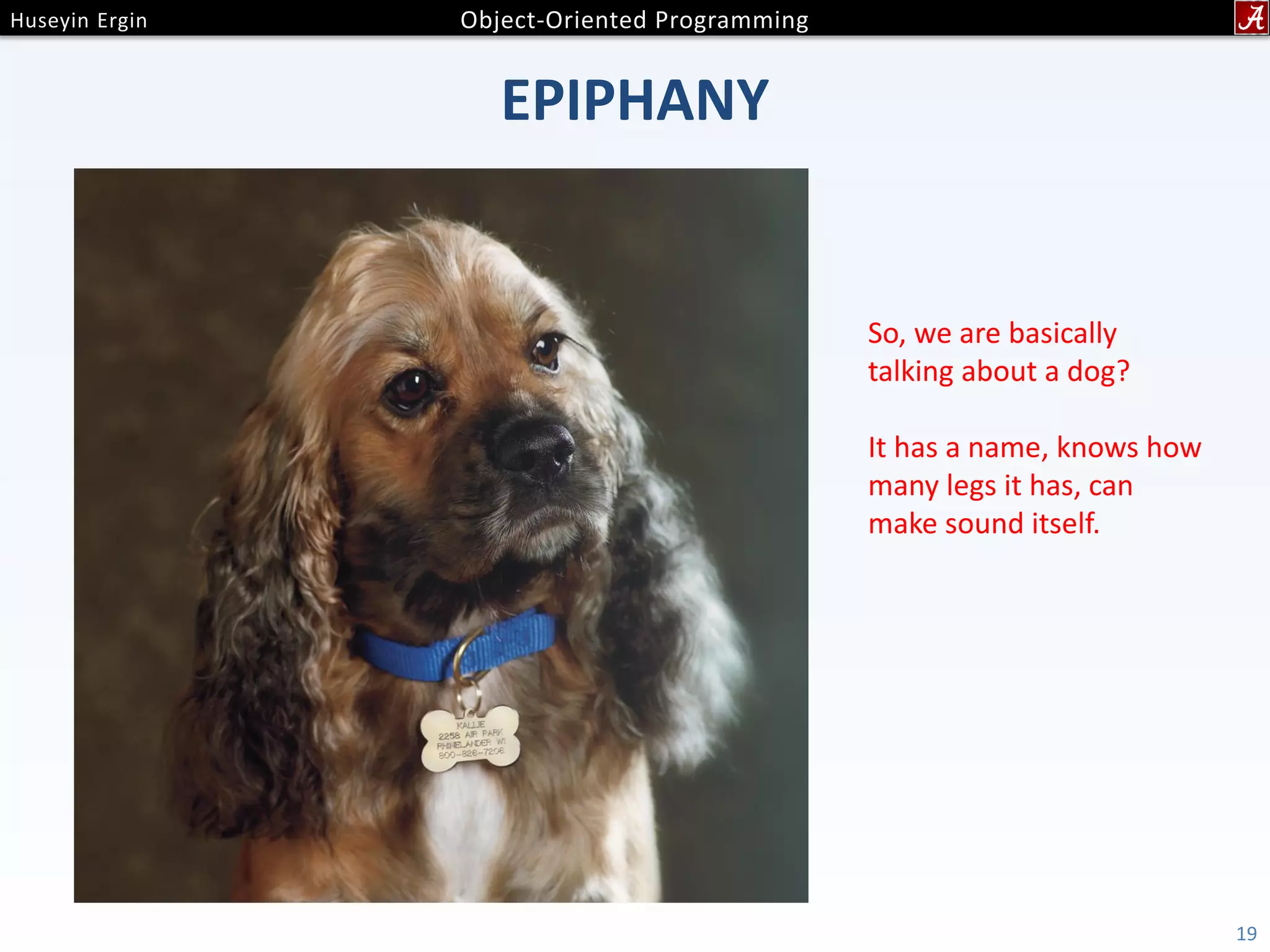 EPIPHANY 19 So, we are basically talking about a dog? It has a name, knows how many legs it has, can make sound itself. 