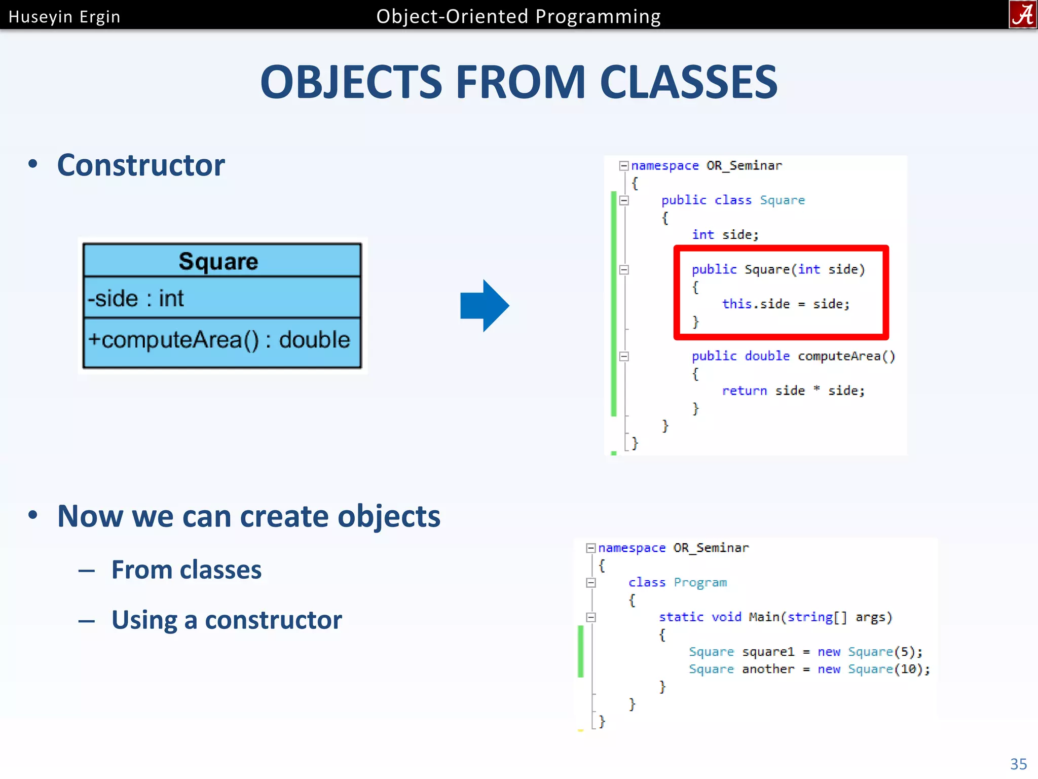 OBJECTS FROM CLASSES • Constructor • Now we can create objects – From classes – Using a constructor 35 