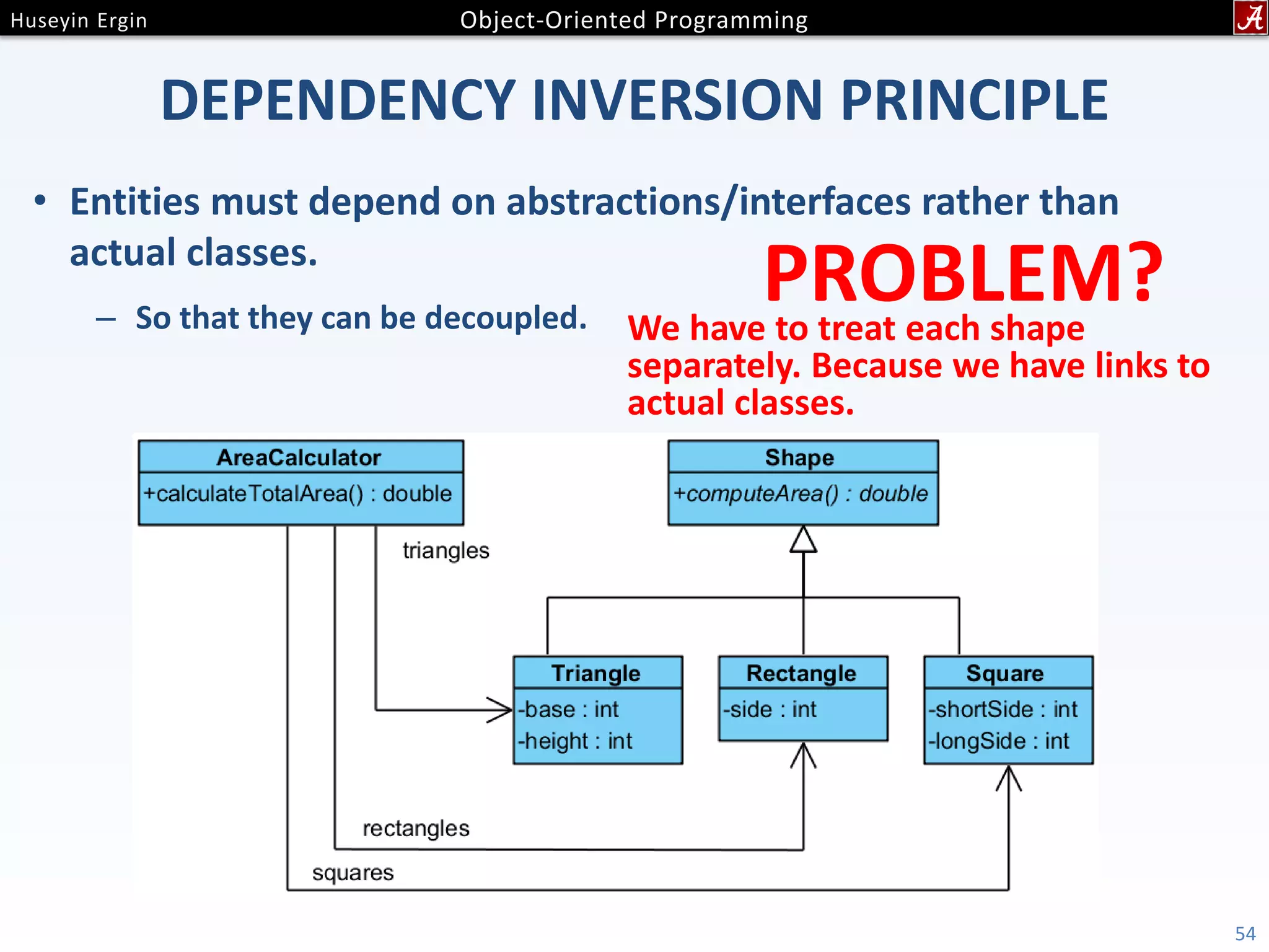 DEPENDENCY INVERSION PRINCIPLE • Entities must depend on abstractions/interfaces rather than actual classes. – So that they can be decoupled. 54 PROBLEM?We have to treat each shape separately. Because we have links to actual classes. 