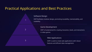 Practical Applications and Best Practices
1
Software Design
OOP facilitates modular design, promoting reusability, maintainability, and
scalability.
2
Game Development
OOP is fundamental for creating characters, levels, and interactions
in video games.
3
Web Applications
OOP is used to create web applications with robust
features and efficient data management.
 