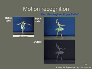Motion recognition Ballet turn: Input video: Output: The “Birmingham Royal Ballet” Credit: Eli Shechtman and Michal Irani 