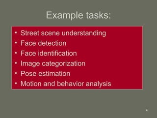Example tasks: Street scene understanding Face detection Face identification Image categorization Pose estimation Motion and behavior analysis 
