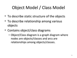 Object Model / Class Model
• To describe static structure of the objects
• To describe relationship among various
  objects
• Contains object/class diagrams
  – Object/Class diagram is a graph diagram where
    nodes are objects/classes and arcs are
    relationships among objects/classes.



                                                    19
 