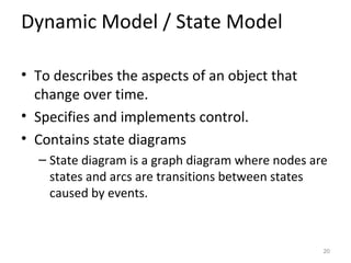 Dynamic Model / State Model

• To describes the aspects of an object that
  change over time.
• Specifies and implements control.
• Contains state diagrams
  – State diagram is a graph diagram where nodes are
    states and arcs are transitions between states
    caused by events.



                                                   20
 