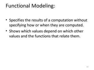 Functional Modeling:

• Specifies the results of a computation without
  specifying how or when they are computed.
• Shows which values depend on which other
  values and the functions that relate them.




                                               53
 