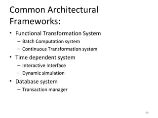 Common Architectural
Frameworks:
• Functional Transformation System
  – Batch Computation system
  – Continuous Transformation system
• Time dependent system
  – Interactive Interface
  – Dynamic simulation
• Database system
  – Transaction manager



                                       96
 