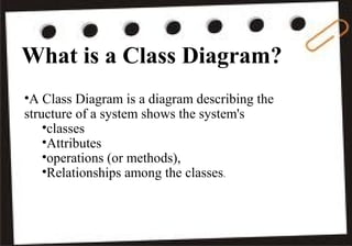 UML Class Diagrams 3
What is a Class Diagram?
•A Class Diagram is a diagram describing the
structure of a system shows the system's
•classes
•Attributes
•operations (or methods),
•Relationships among the classes.
 