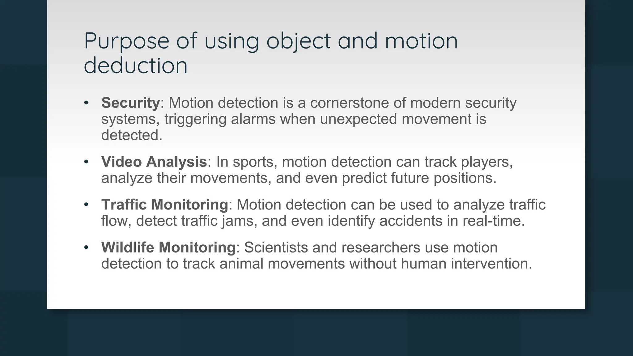 Object and motion deduction system using yolo in deep learning pptx