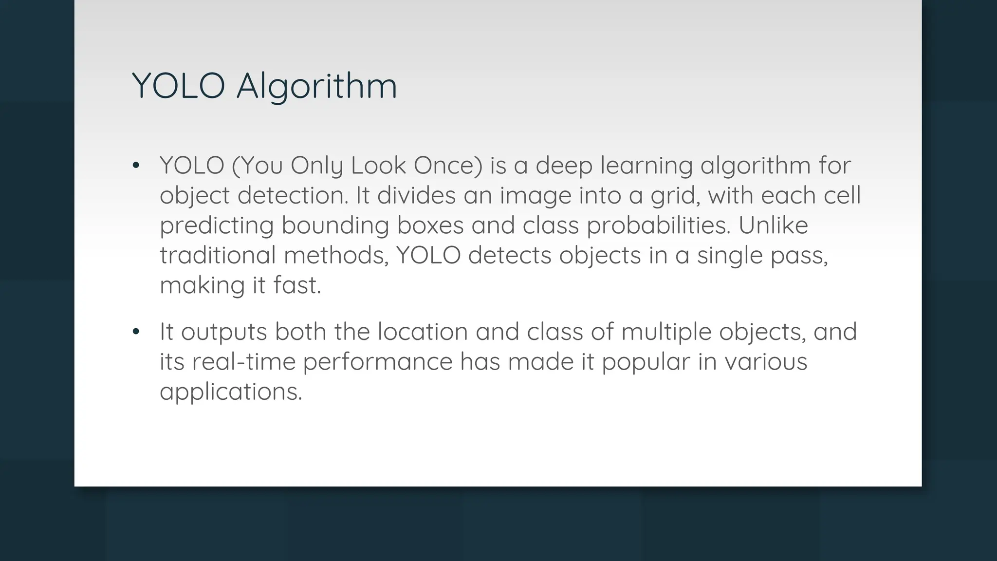 Object and motion deduction system using yolo in deep learning pptx