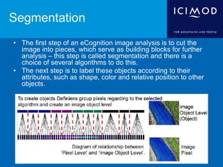 Segmentation
• The first step of an eCognition image analysis is to cut the
image into pieces, which serve as building blocks for further
analysis – this step is called segmentation and there is a
choice of several algorithms to do this.
• The next step is to label these objects according to their
attributes, such as shape, color and relative position to other
objects.
 