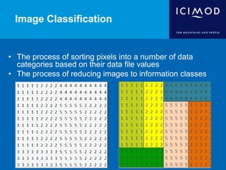 • The process of sorting pixels into a number of data
categories based on their data file values
• The process of reducing images to information classes
Image Classification
 