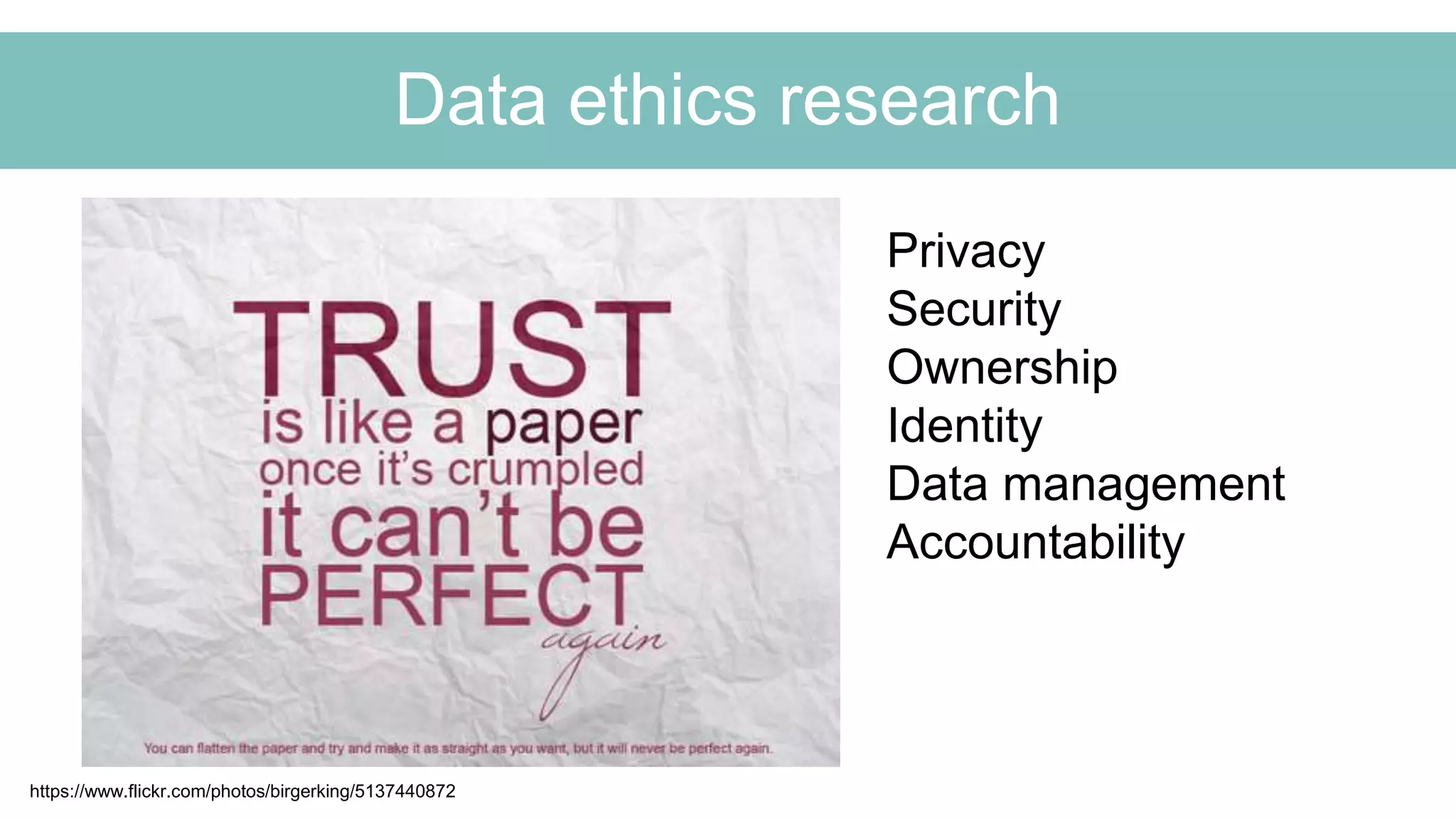 Data ethics research
https://www.flickr.com/photos/birgerking/5137440872
Privacy
Security
Ownership
Identity
Data management
Accountability
 