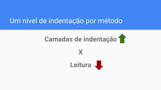 Um nível de indentação por método
Camadas de indentação
X
Leitura
 