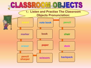1.- Listen and Practise The Classroom
           Objects Pronunciation:

 board       note book       pencil



marker        book           chair



eraser        paper          desk



 pencil                    backpack
             scissors
sharper
 