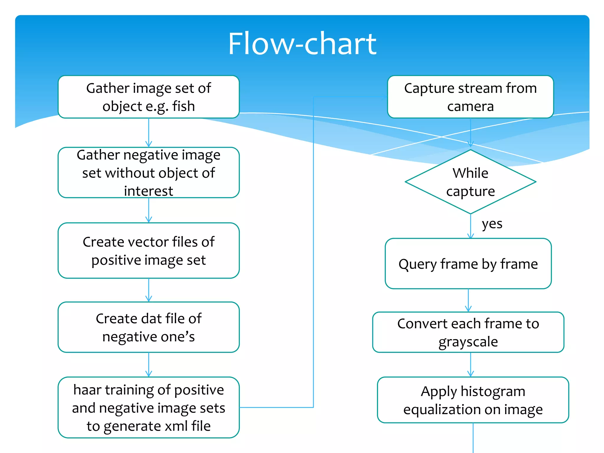 Flow-chart
Gather image set of
object e.g. fish

Capture stream from
camera

Gather negative image
set without object of
interest

While
capture

yes
Create vector files of
positive image set

Query frame by frame

Create dat file of
negative one’s

Convert each frame to
grayscale

haar training of positive
and negative image sets
to generate xml file

Apply histogram
equalization on image

 